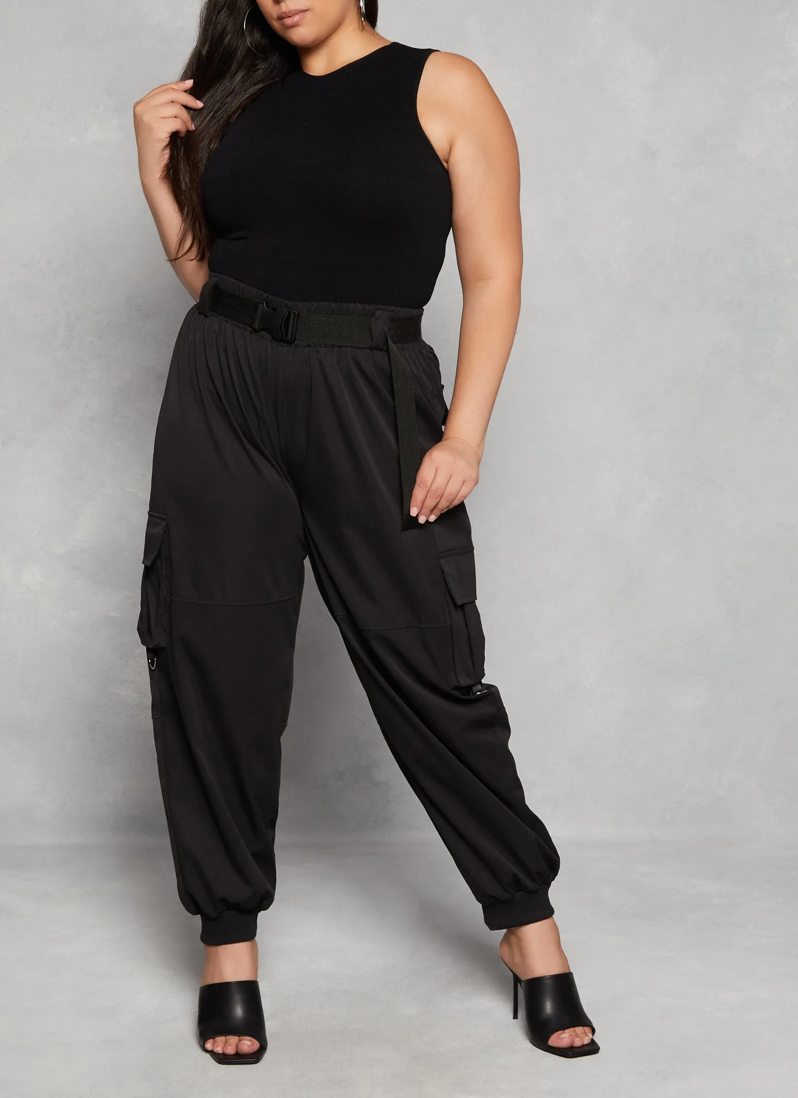 Plus Size Poplin Belted Cargo Joggers sold by Rainbow