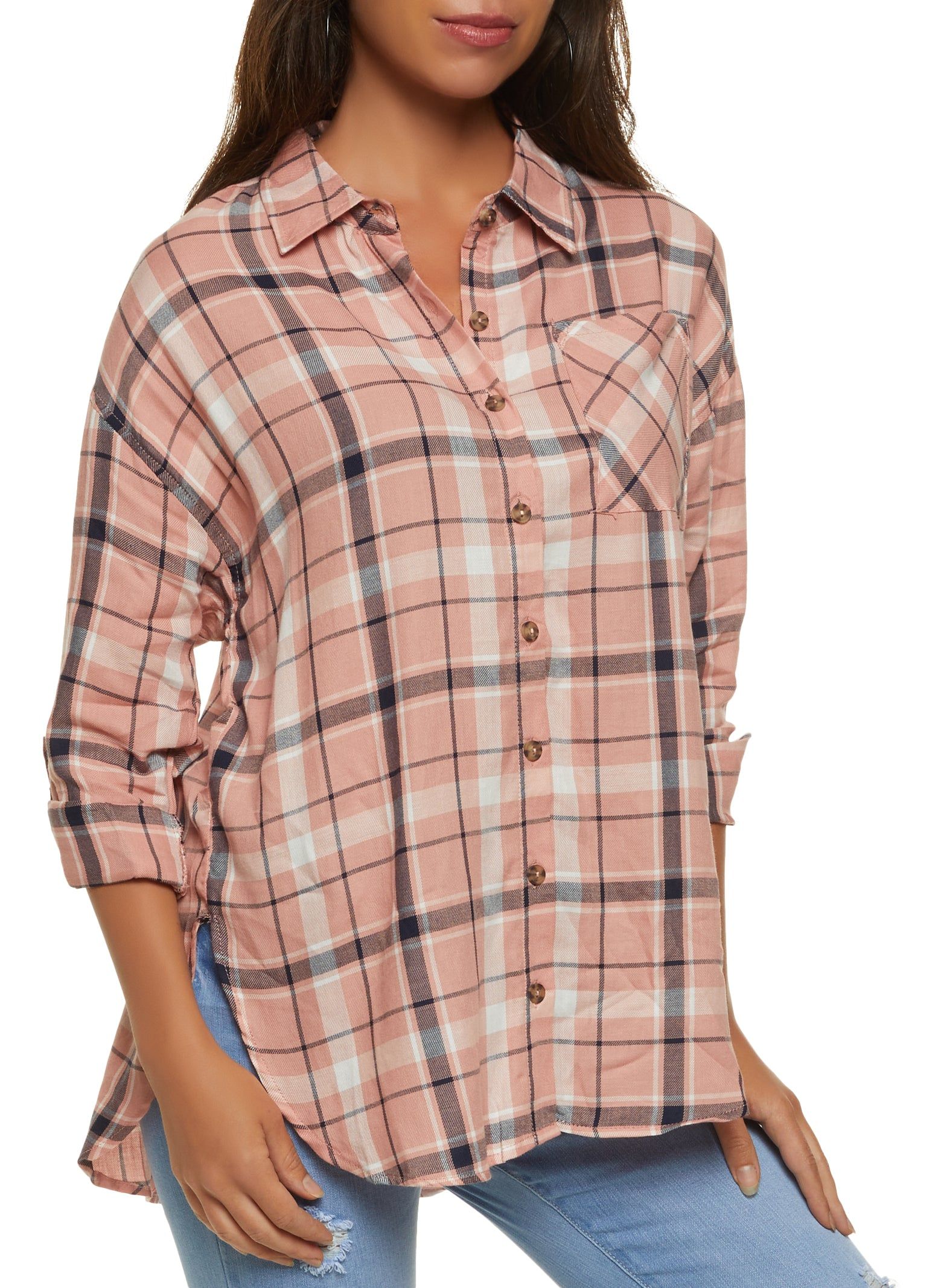 Plaid Tabbed Sleeve Button Down Top sold by Rainbow