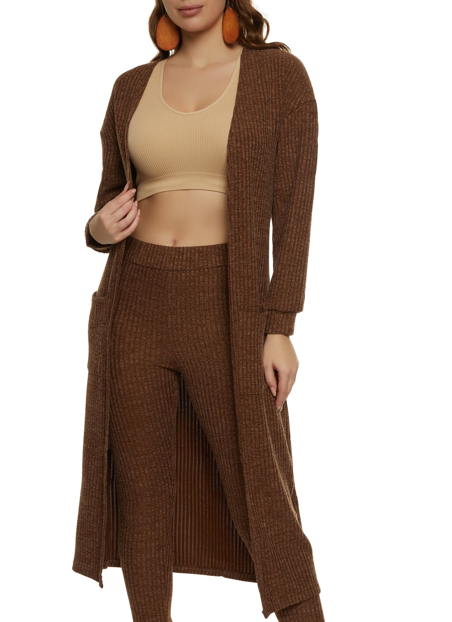 Ribbed Knit Open Front Long Cardigan sold by Rainbow