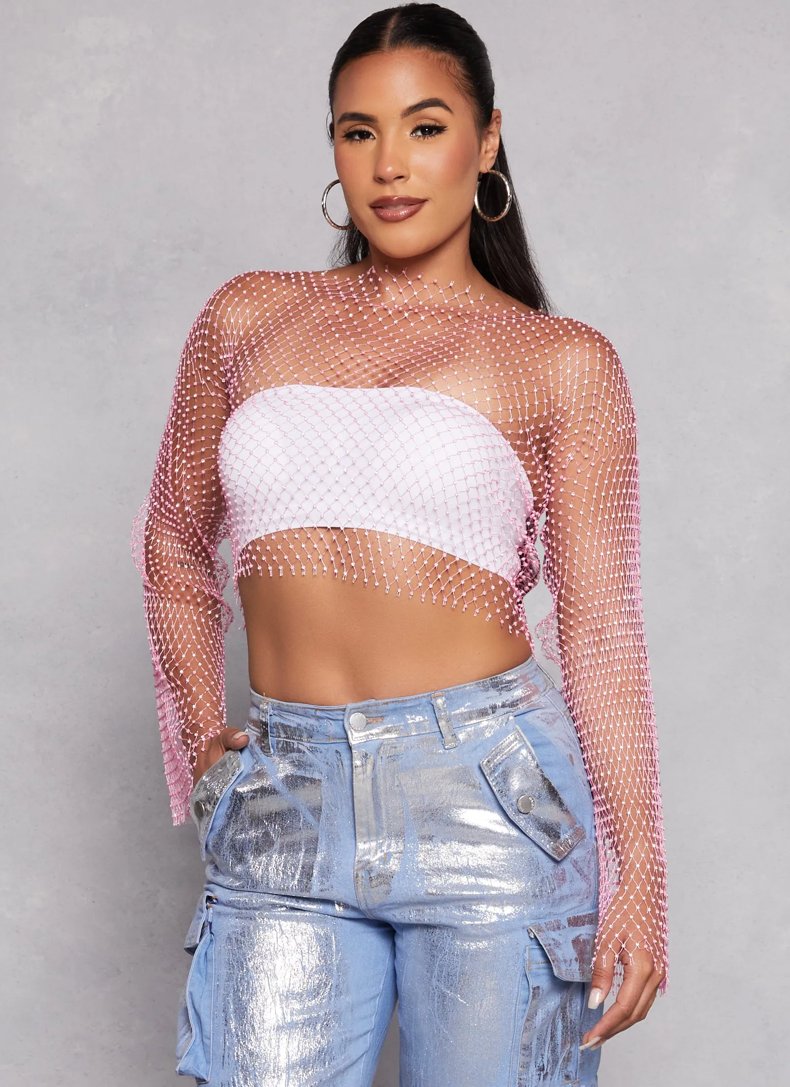 Rhinestone Fishnet Crop Top sold by Rainbow