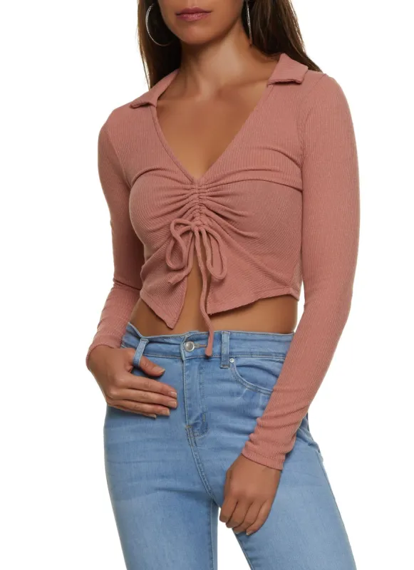 Rib Knit Ruched Tie Front Top sold by Rainbow