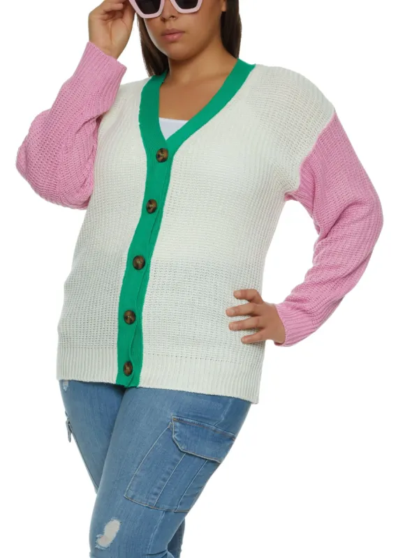 Plus Size Color Block Button Front Cardigan sold by Rainbow