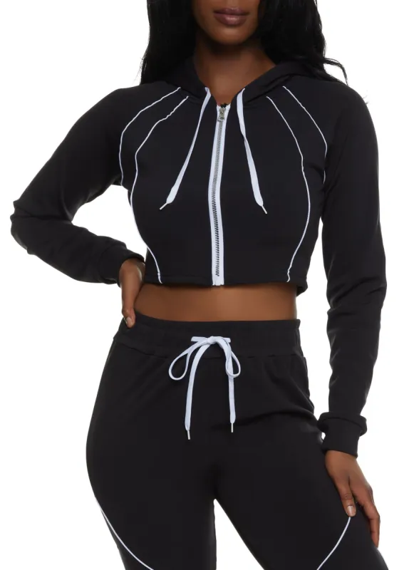 Contrast Piping Cropped Zip Front Hoodie sold by Rainbow