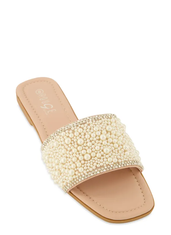 Faux Pearl Band Square Toe Slide Sandals sold by Rainbow