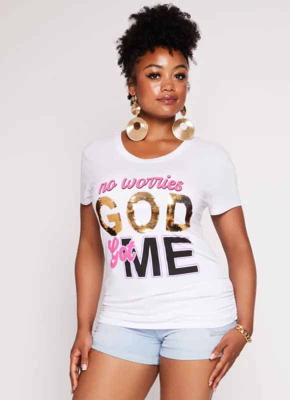 Plus Size No Worries God Got Me Sequin Graphic Tee sold by Rainbow