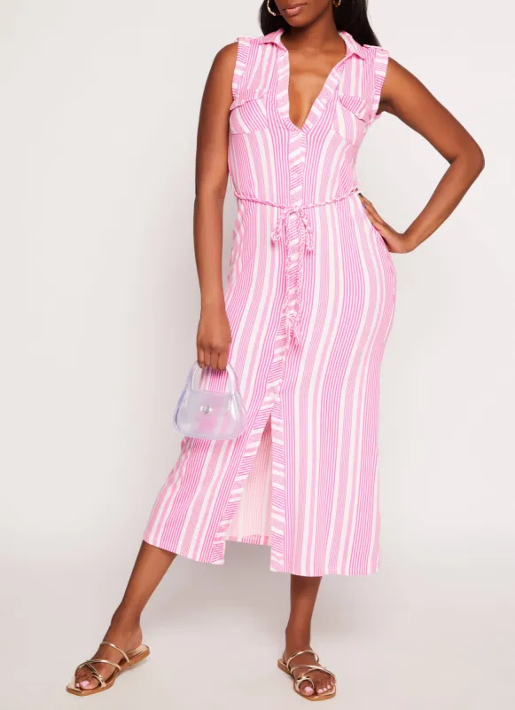 Sleeveless Striped Tie Waist Belted Shirt Dress sold by Rainbow