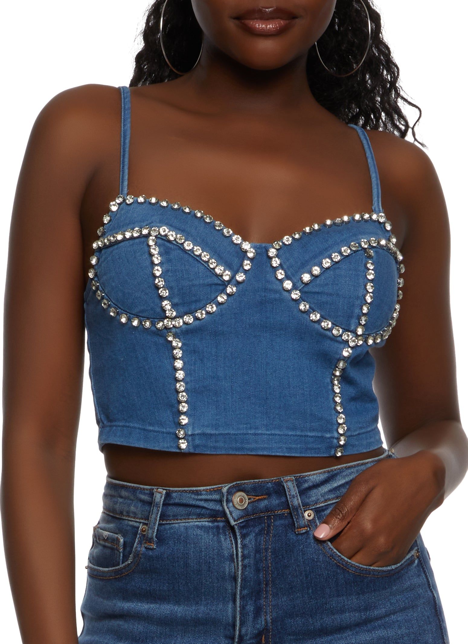 Rhinestone Trim Denim Bustier Top sold by Rainbow