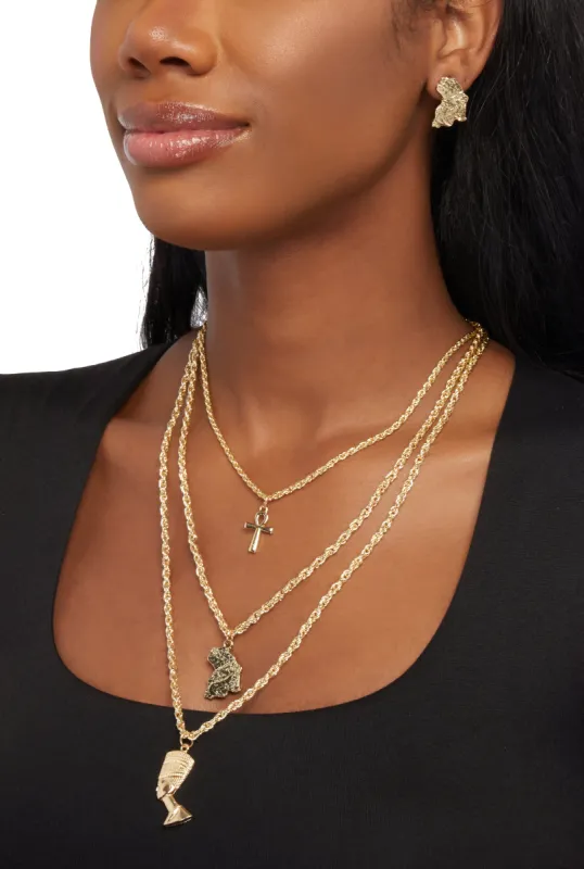 African Charm Layered Necklace and Stud Earrings Set made by Rainbow