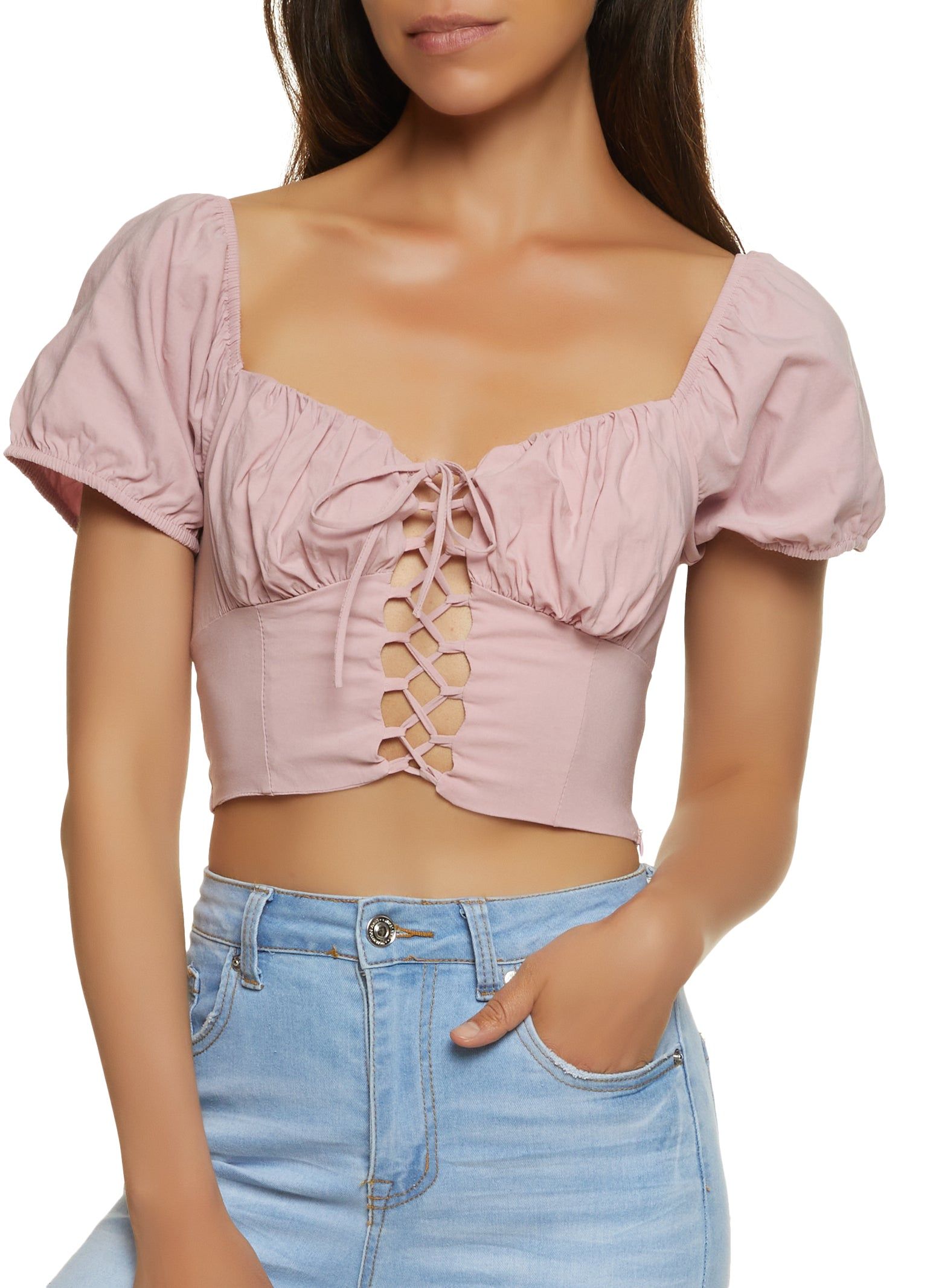 Lace Up Puff Sleeve Peasant Top sold by Rainbow