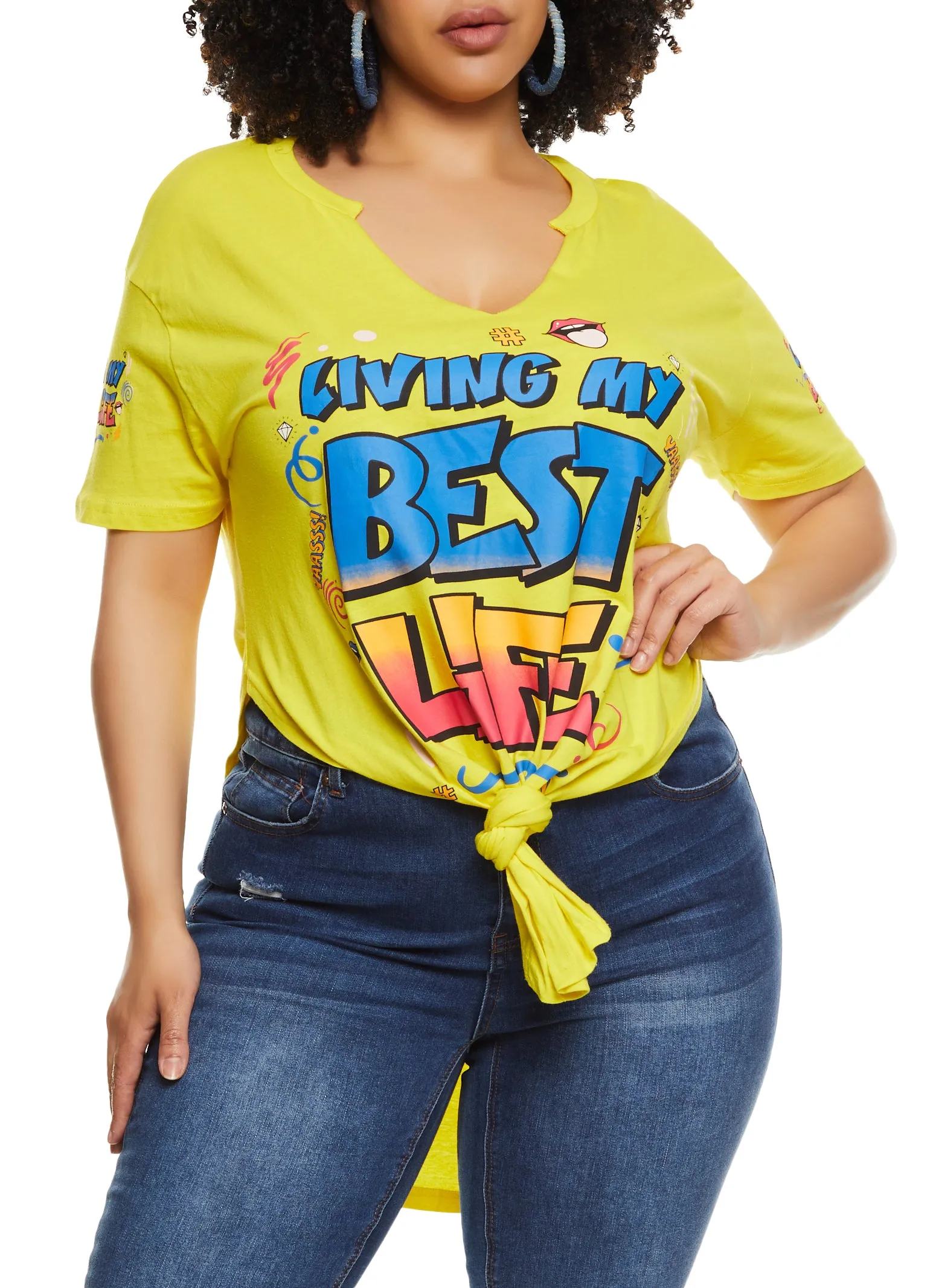 Plus Size Living My Best Life Notch Neck Graphic Tee sold by Rainbow