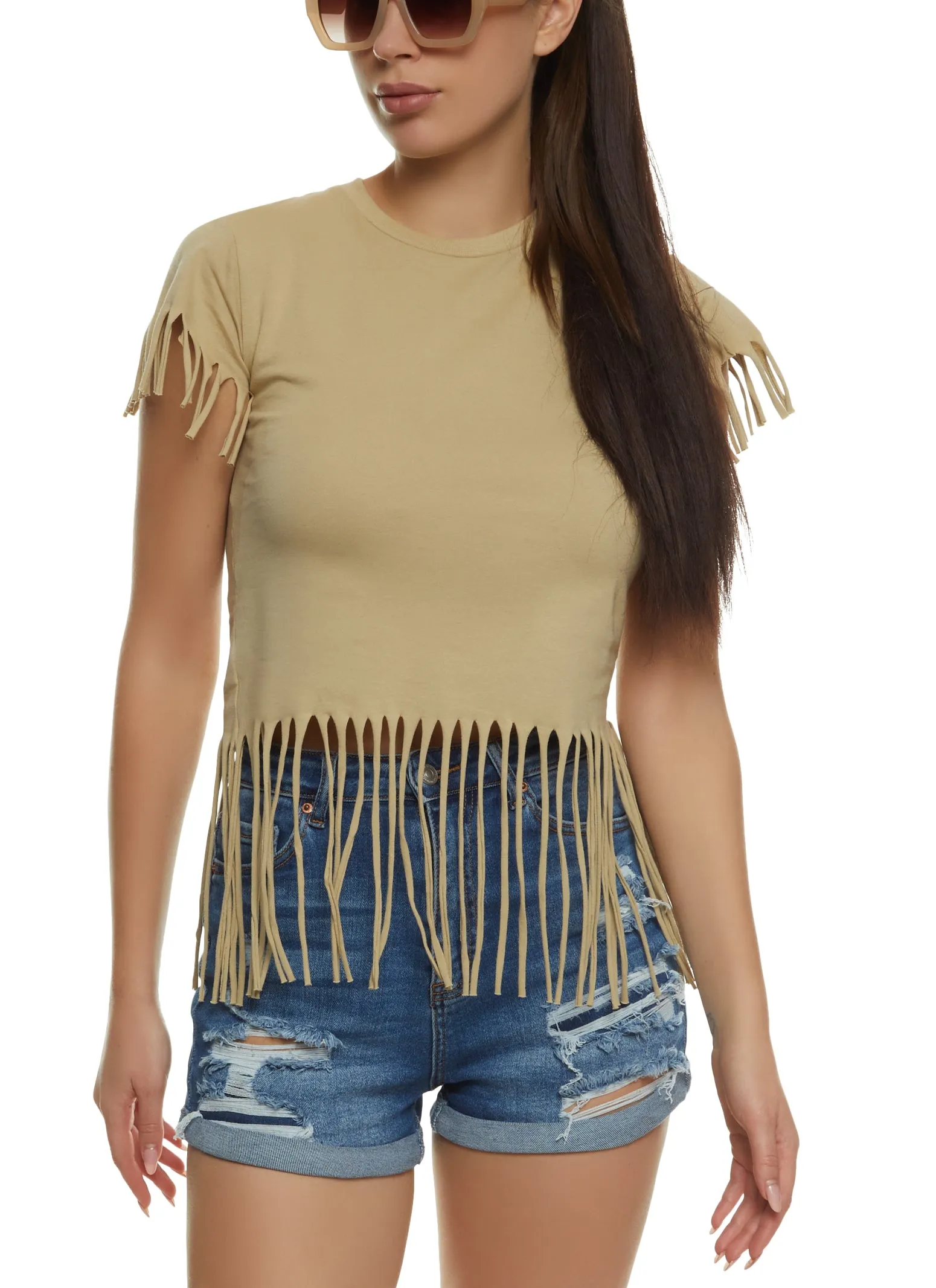 Fringe Hem Crew Neck Tee sold by Rainbow