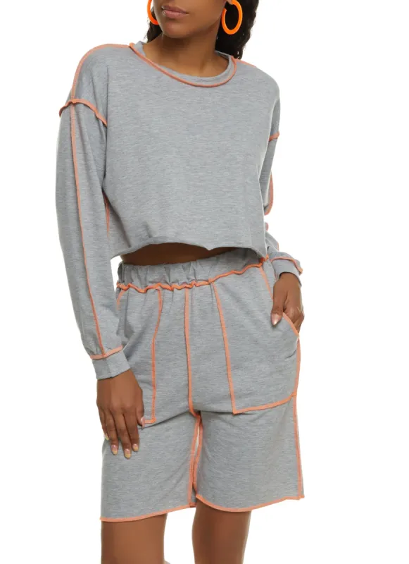 Contrast Stitch Long Sleeve Crop Top and Shorts sold by Rainbow