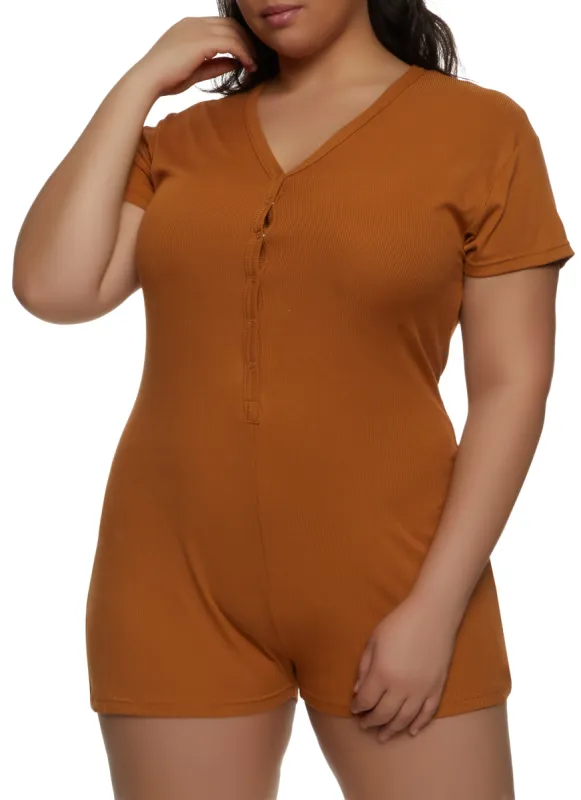 Plus Size Snap Button Front Pajama Romper sold by Rainbow