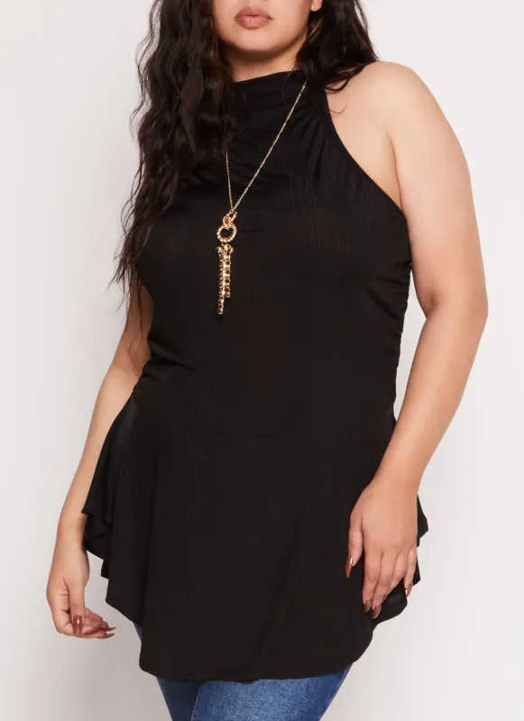 Plus Size Textured Knit High Neck Blouse with Necklace sold by Rainbow