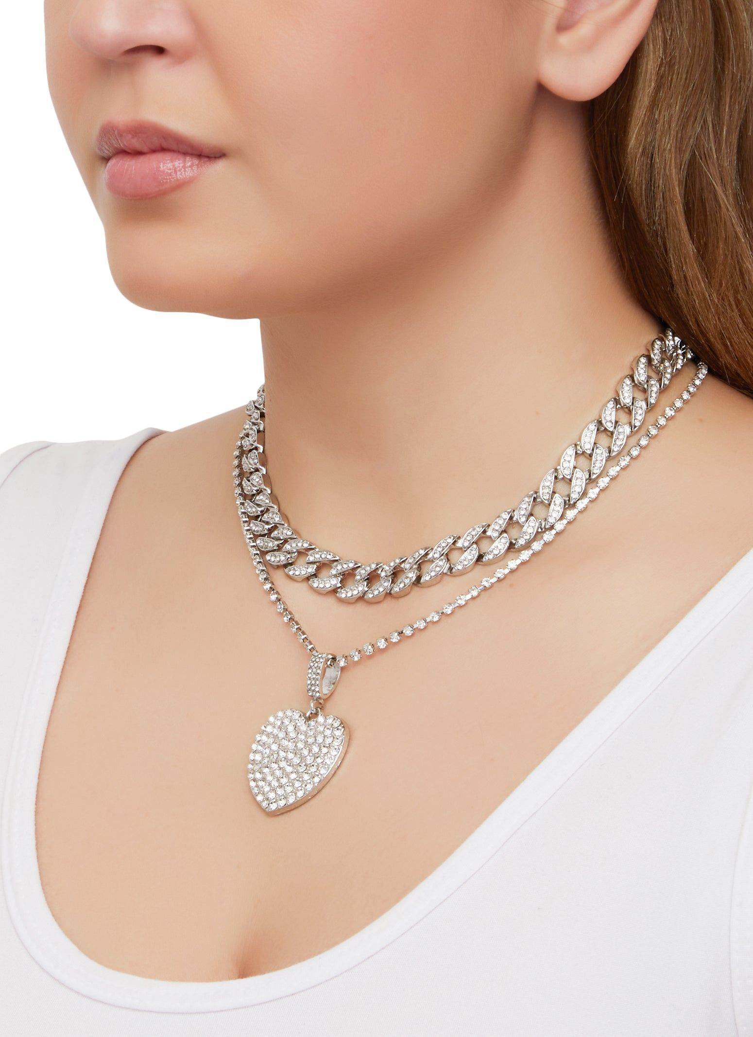 Layered Rhinestone Cuban Chain Link Heart Pendant Necklace sold by Rainbow