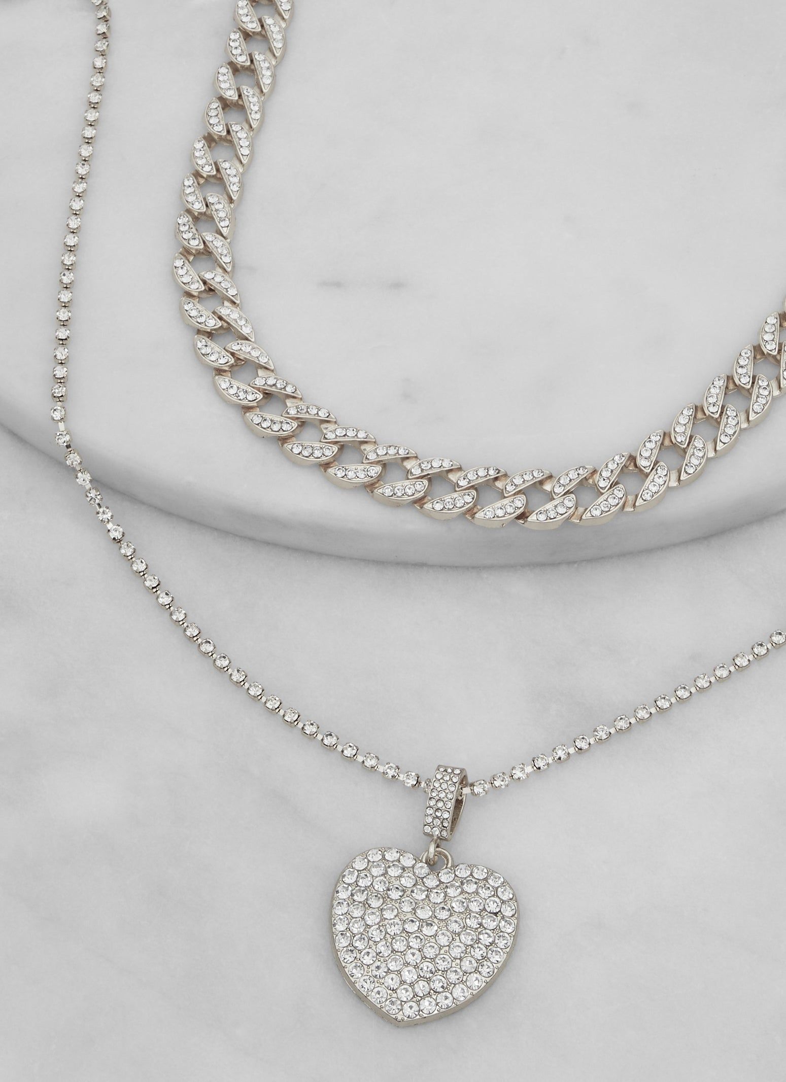 Layered Rhinestone Cuban Chain Link Heart Pendant Necklace sold by Rainbow product image thumbnail 2