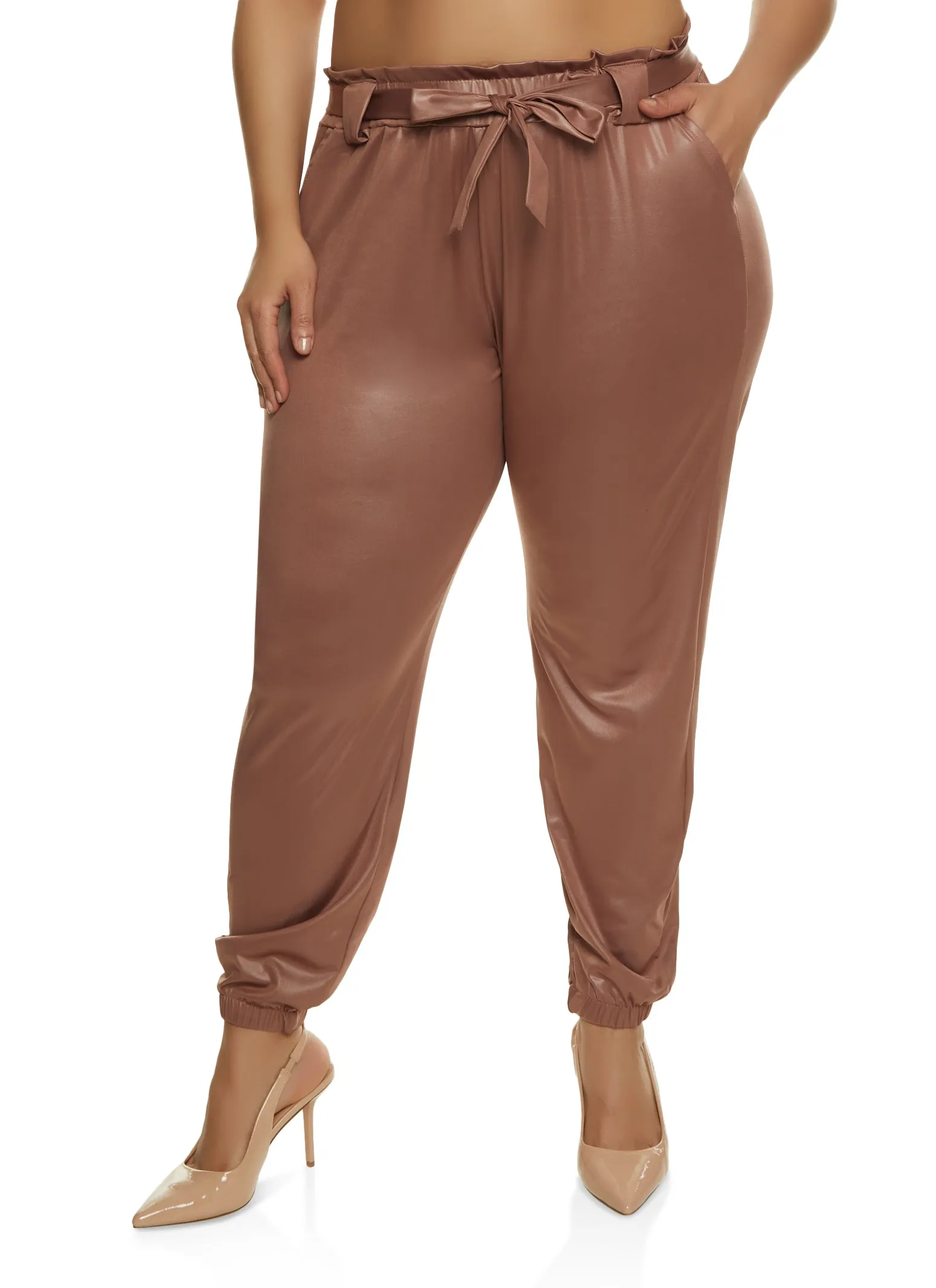 Plus Size Faux Leather Belted Paper Bag Waist Pants sold by Rainbow