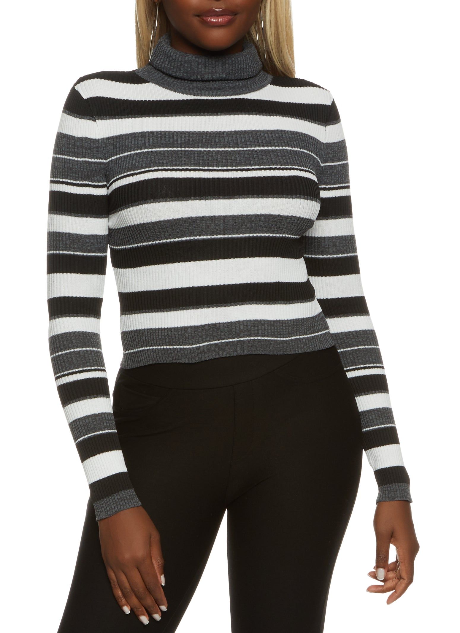 Ribbed Knit Striped Turtleneck Crop Top sold by Rainbow