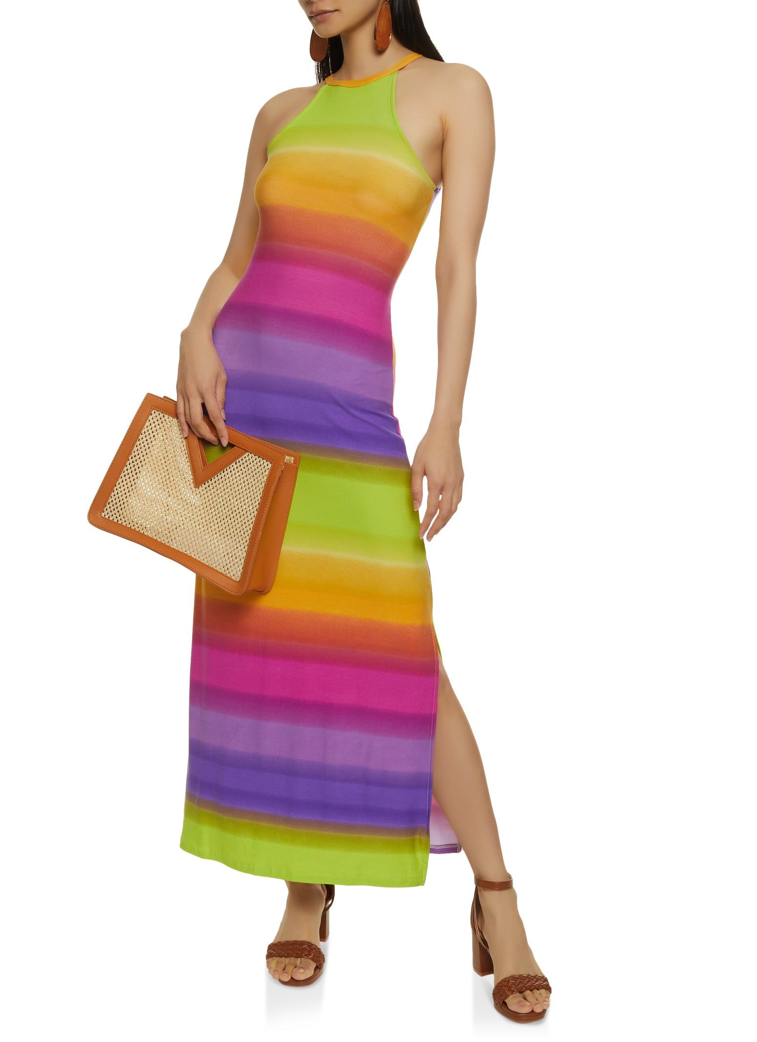 Rainbow Striped High Neck Maxi Dress sold by Rainbow