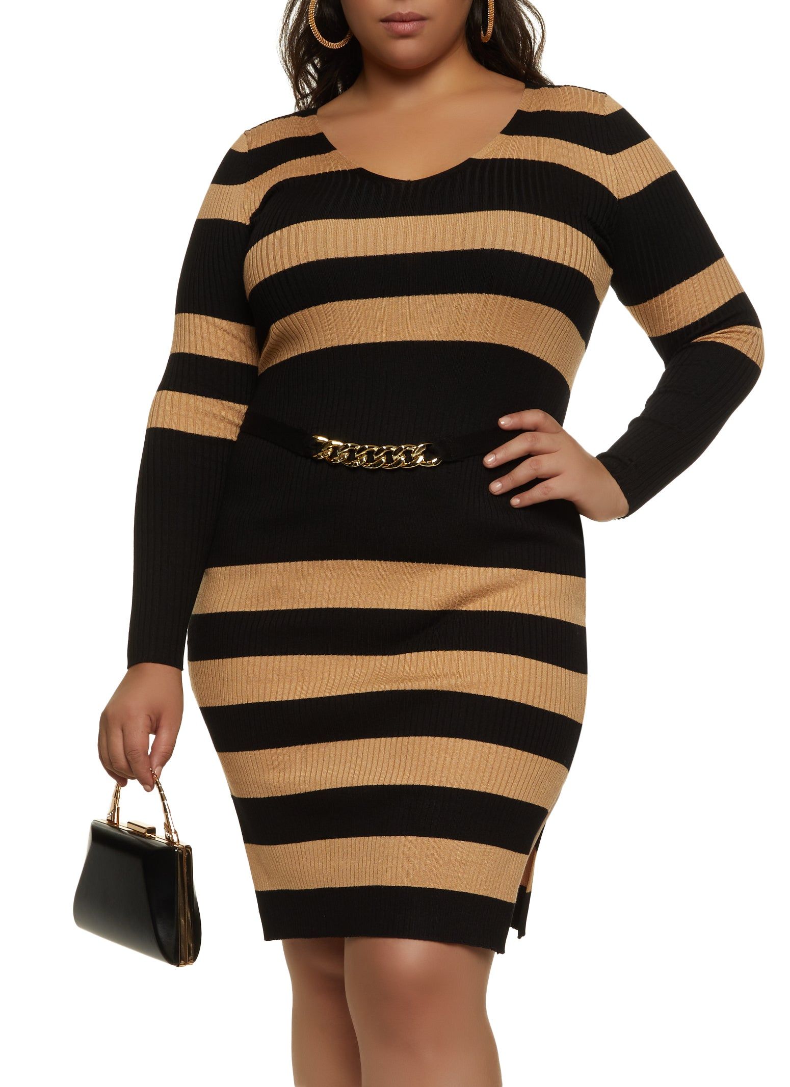 Plus Size Striped Chain Detail Sweater Dress sold by Rainbow