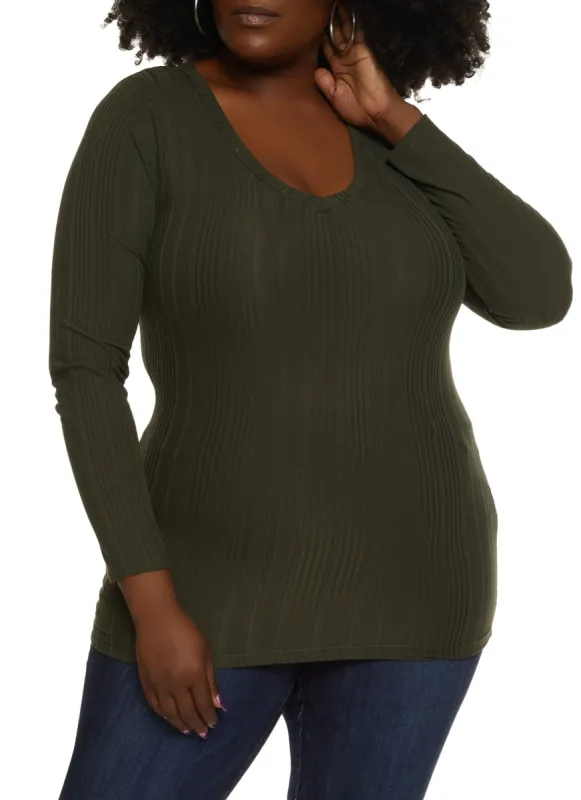 Plus Size Ribbed Knit Long Sleeve Ruched Top sold by Rainbow