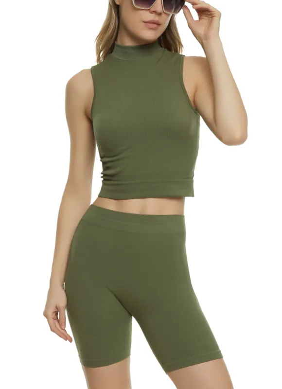 Rib Knit Mock Neck Tank Top and Biker Shorts sold by Rainbow