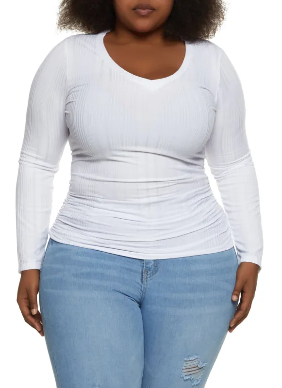 Plus Size Ribbed Knit Long Sleeve Ruched Top sold by Rainbow