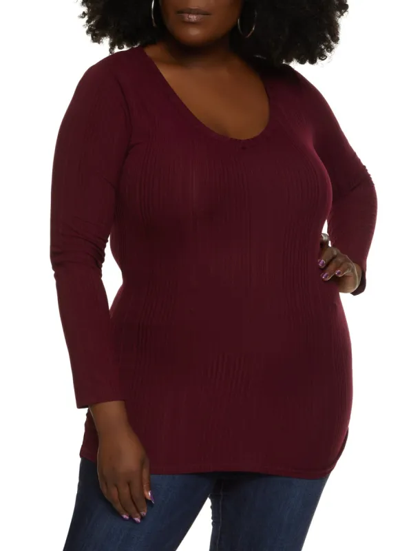 Plus Size Ribbed Knit Long Sleeve Ruched Top sold by Rainbow