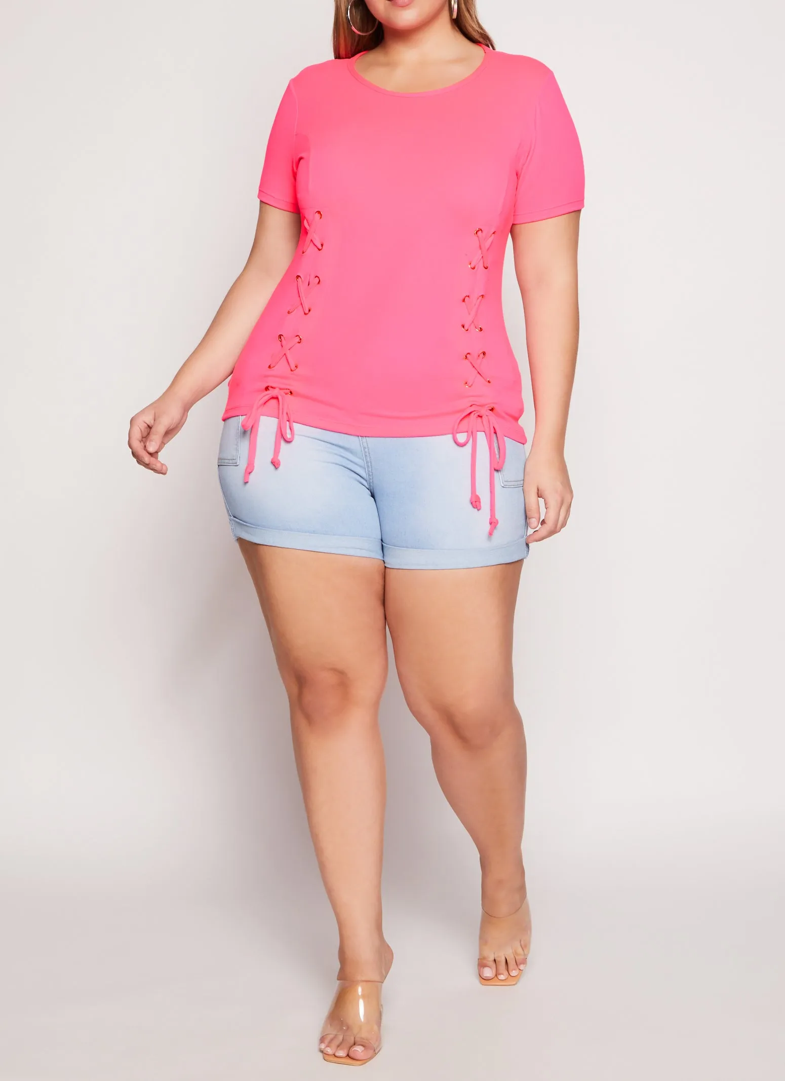Plus Size Basic Lace Up Detail Short Sleeve Tee sold by Rainbow product image thumbnail 2