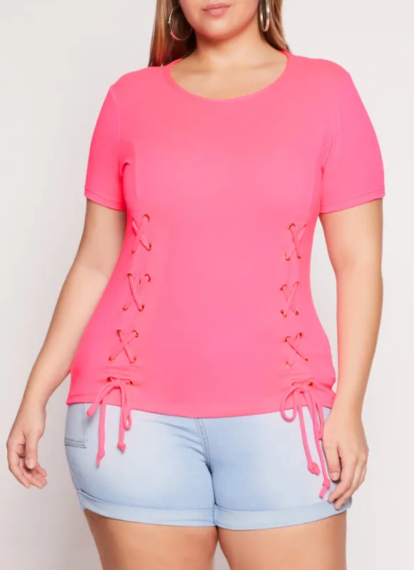 Plus Size Basic Lace Up Detail Short Sleeve Tee sold by Rainbow