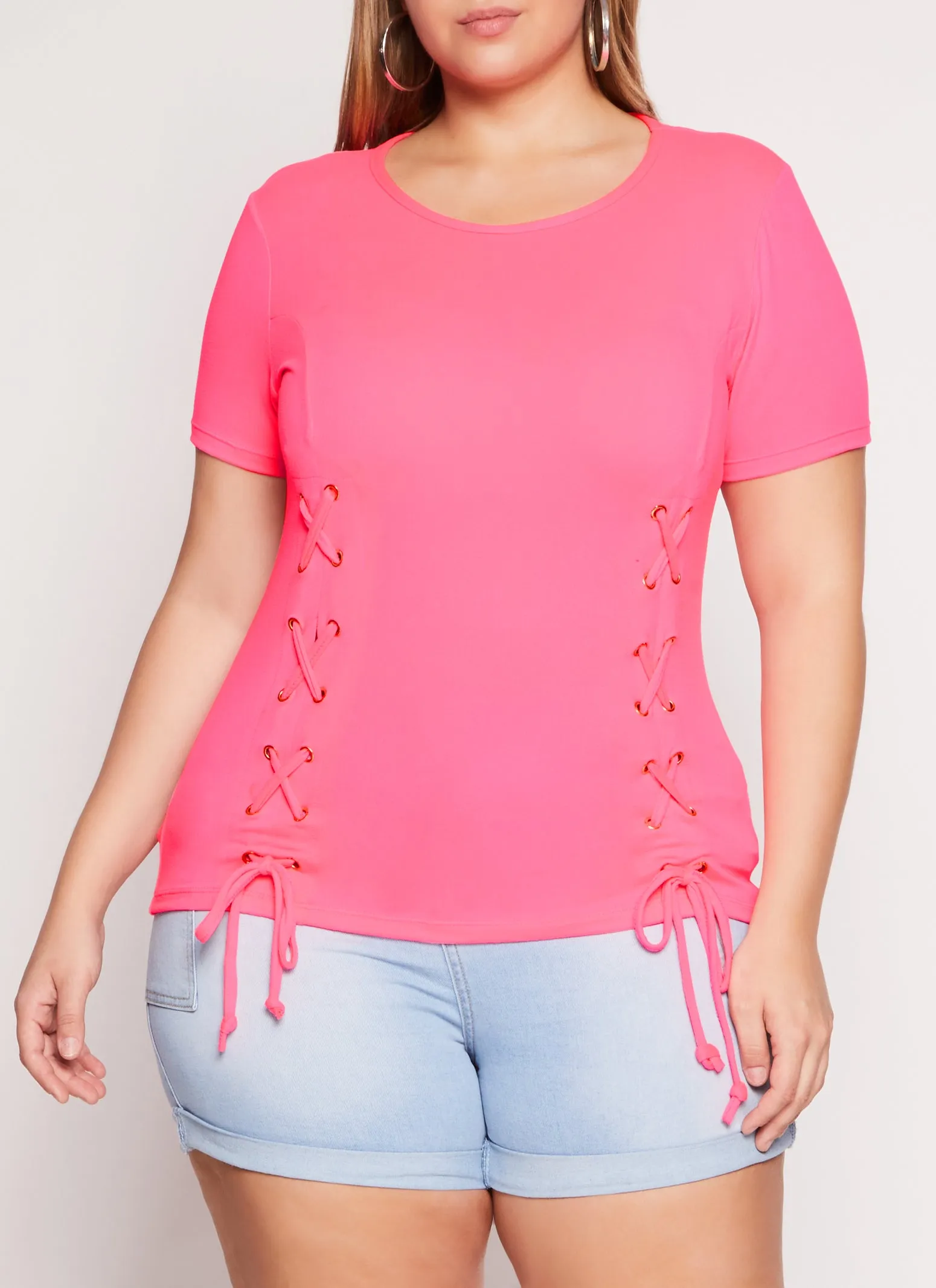 Plus Size Basic Lace Up Detail Short Sleeve Tee sold by Rainbow