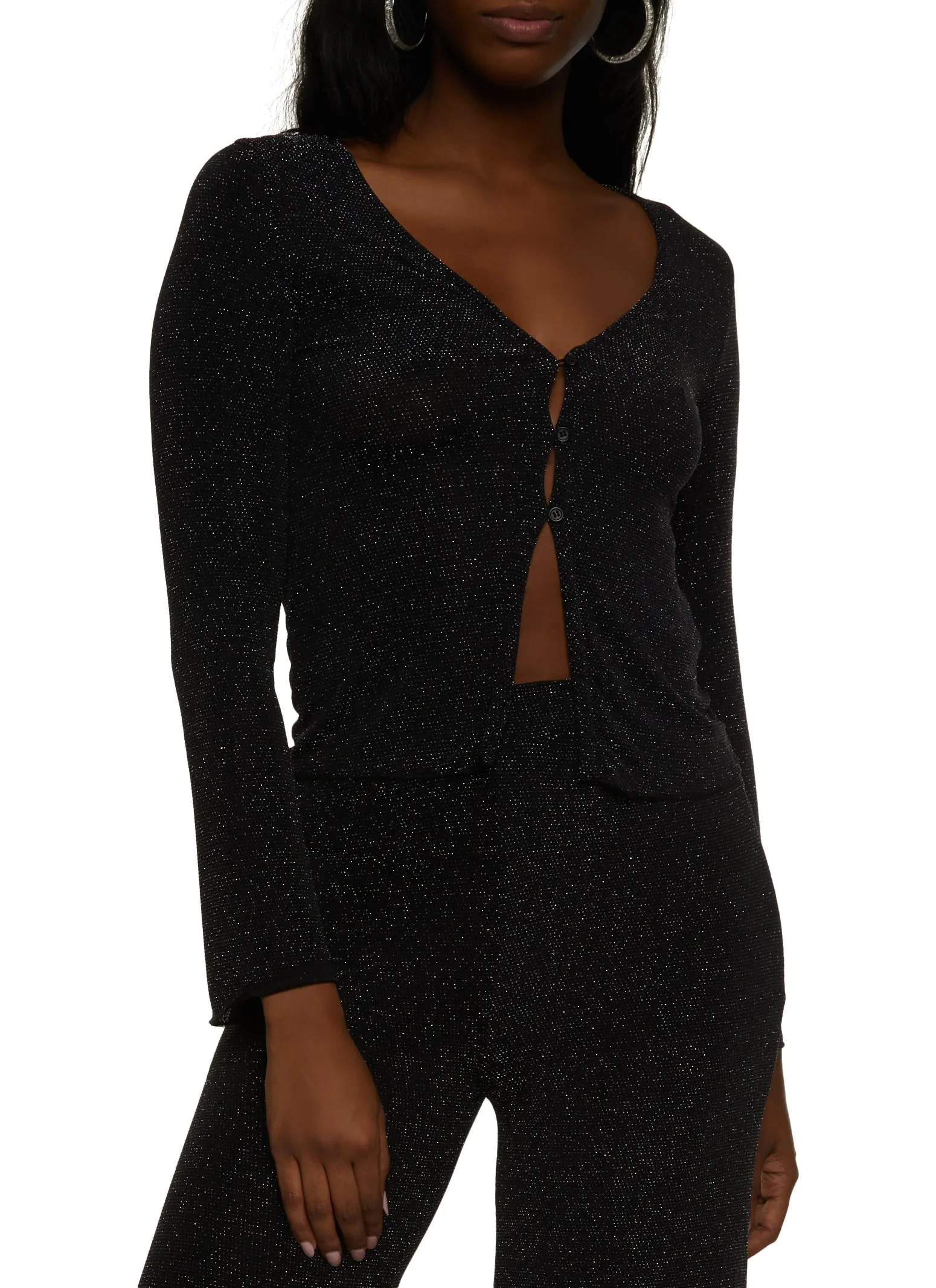 Lurex Button Front Long Sleeve Top sold by Rainbow