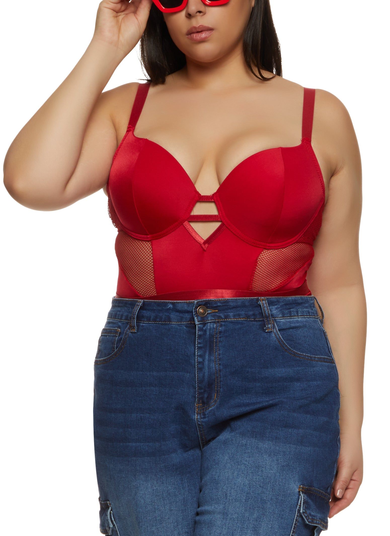 Plus Size Fishnet Insert Caged Detail Bustier Bodysuit sold by Rainbow product image thumbnail 2