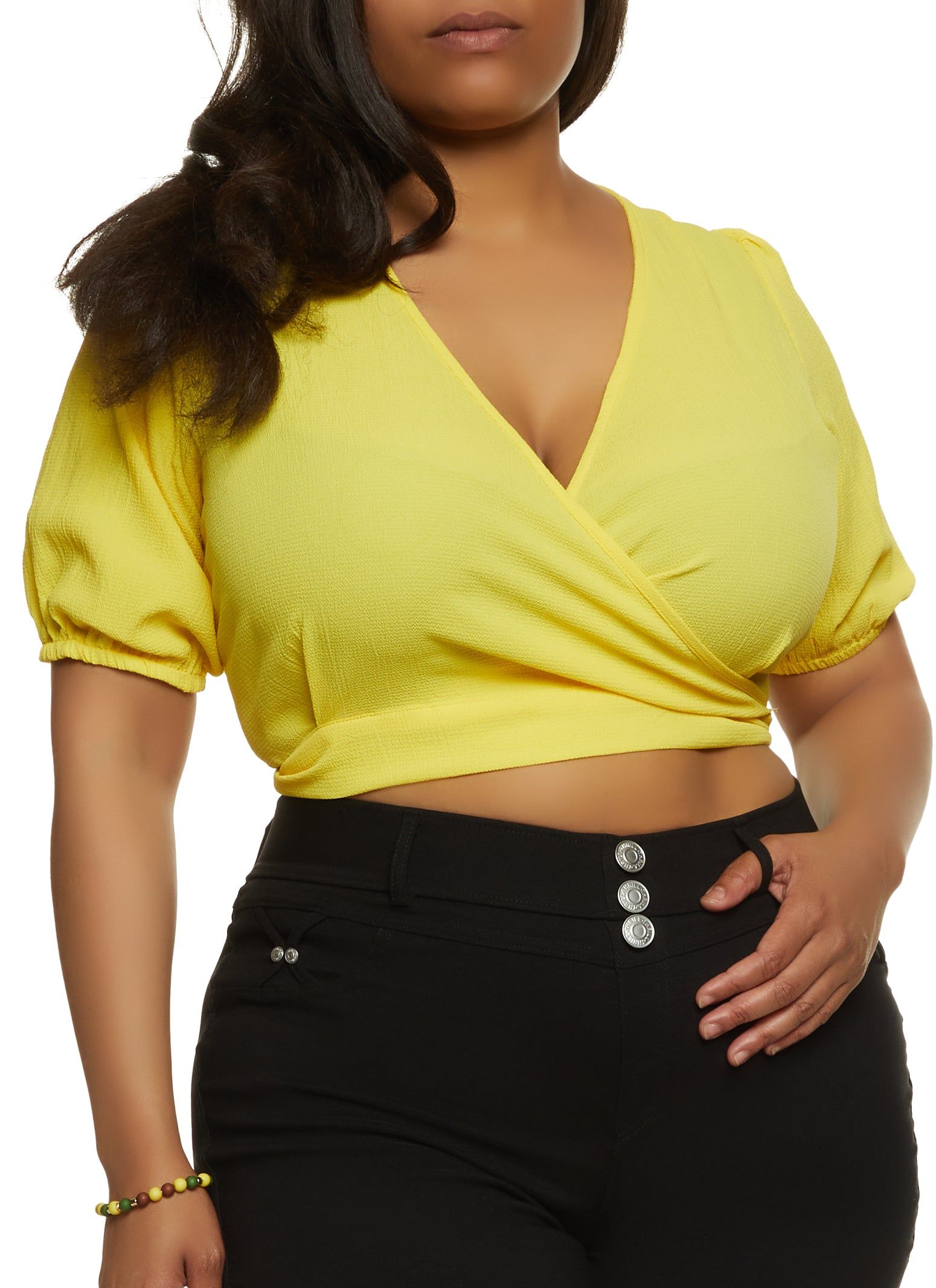 Plus Size Open Tie Back Faux Wrap Crop Top sold by Rainbow