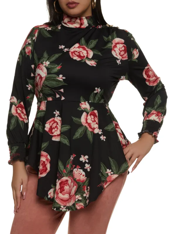 Plus Size Floral Print Peplum Top sold by Rainbow