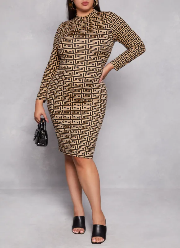 Plus Size Greek Key Mock Neck Long Sleeve Dress sold by Rainbow