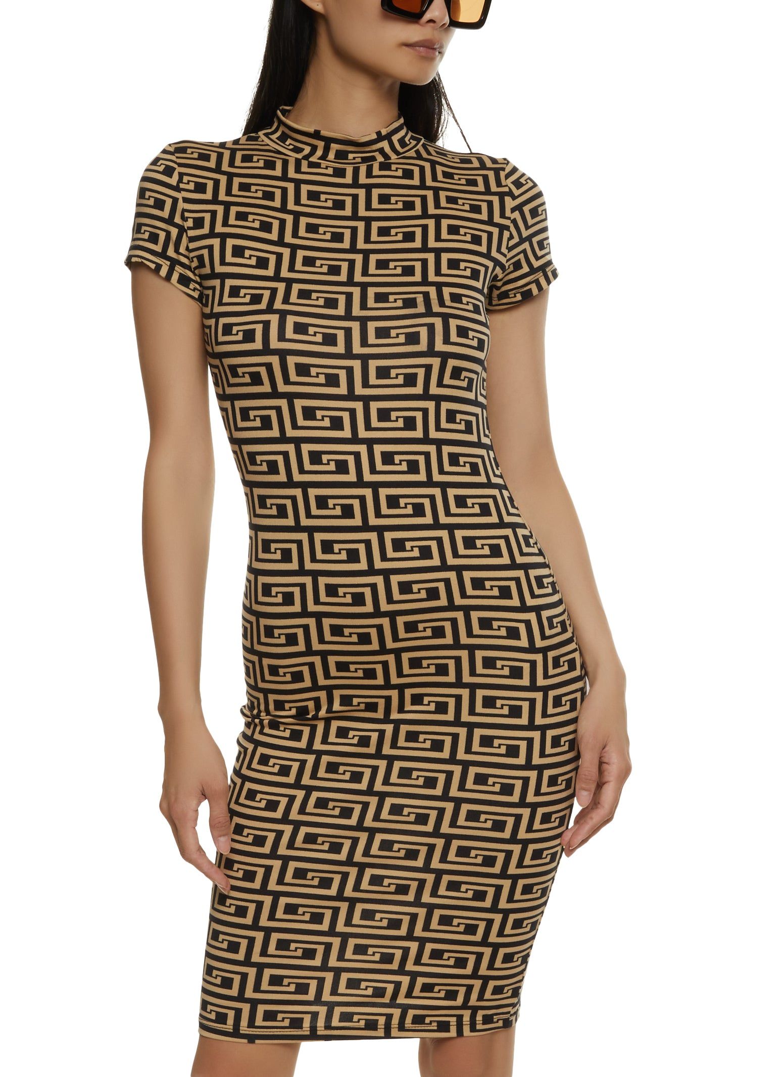Greek Key Print Mock Neck Midi Dress sold by Rainbow