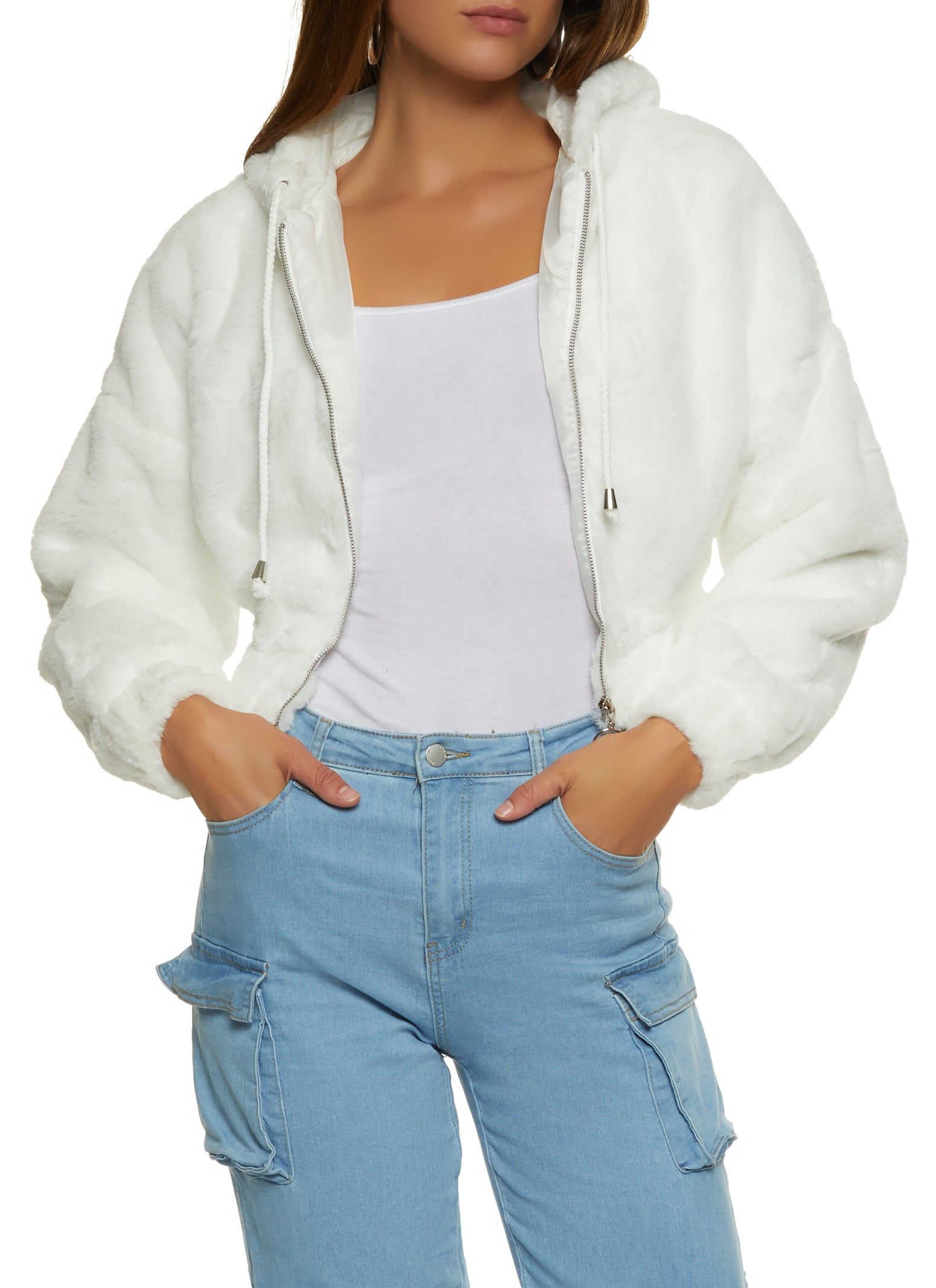 Solid Faux Fur Hooded Bomber Jacket sold by Rainbow