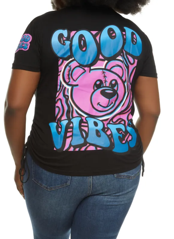 Plus Size Good Vibes Bear Ruched Graphic Tee sold by Rainbow