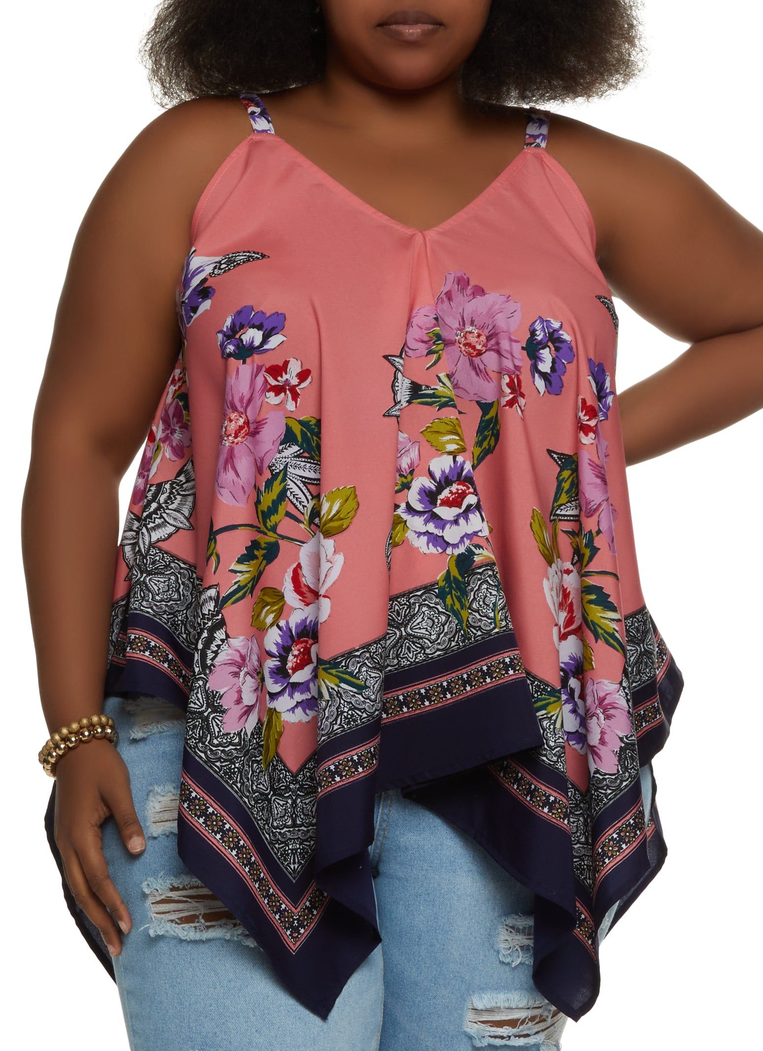 Plus Size Floral Print V Neck Cami Top sold by Rainbow