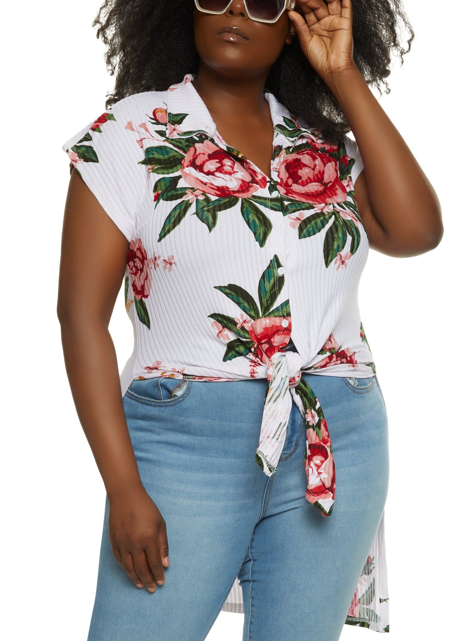 Plus Size Floral Print Tie Front High Low Shirt sold by Rainbow