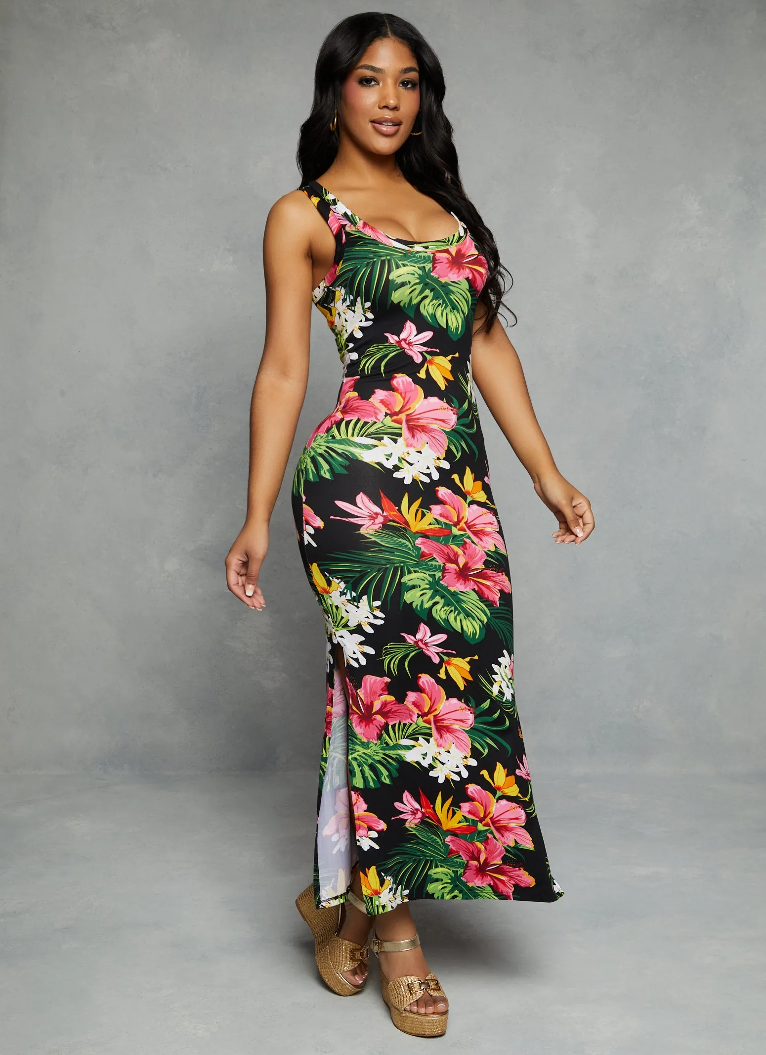 Tropical Floral Print Scoop Neck Maxi Tank Dress sold by Rainbow