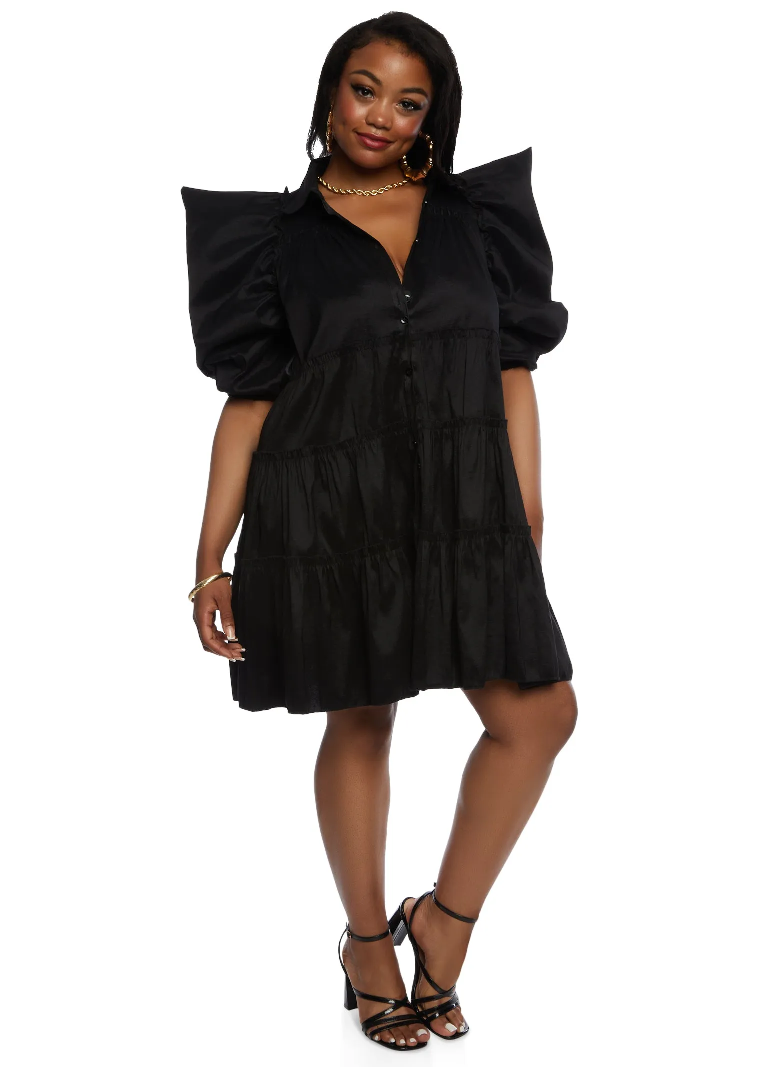 Plus Size Puff Sleeve Tiered Mini Shirt Dress sold by Rainbow