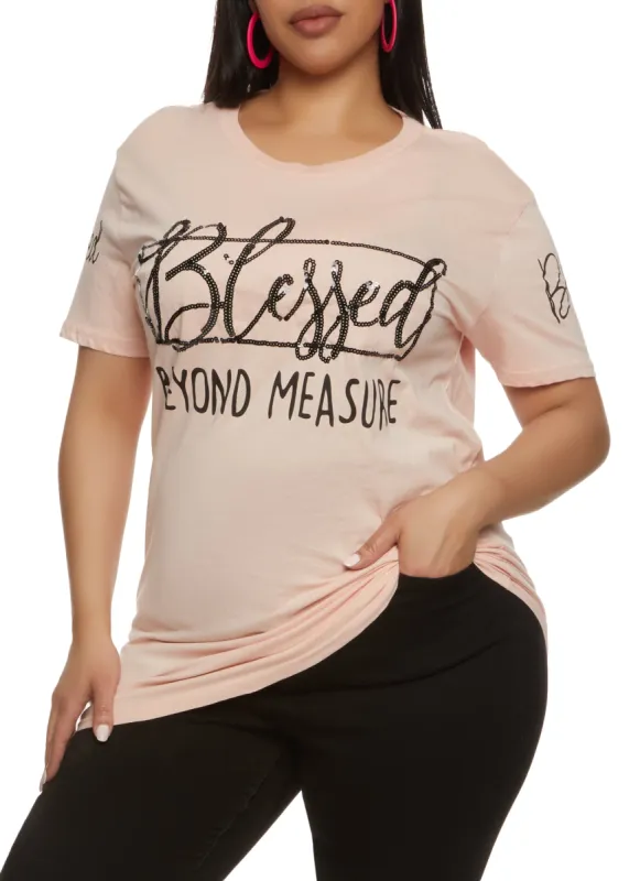 Plus Size Blessed Beyond Measure Short Sleeve Sequin Graphic Tee sold by Rainbow