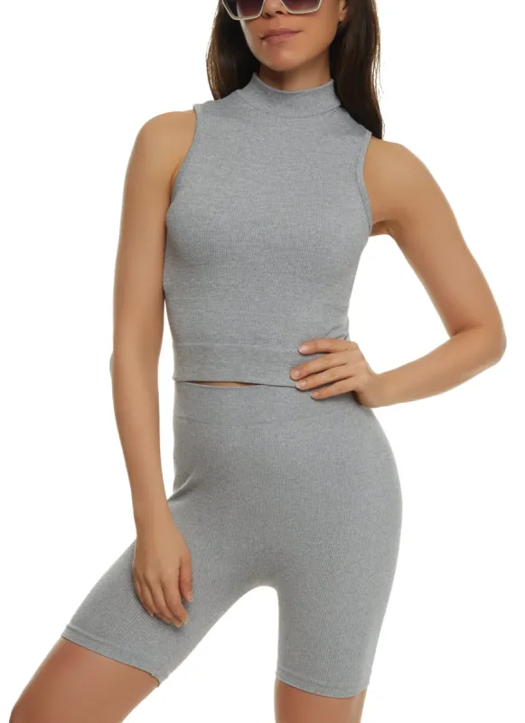 Rib Knit Mock Neck Tank Top and Biker Shorts sold by Rainbow