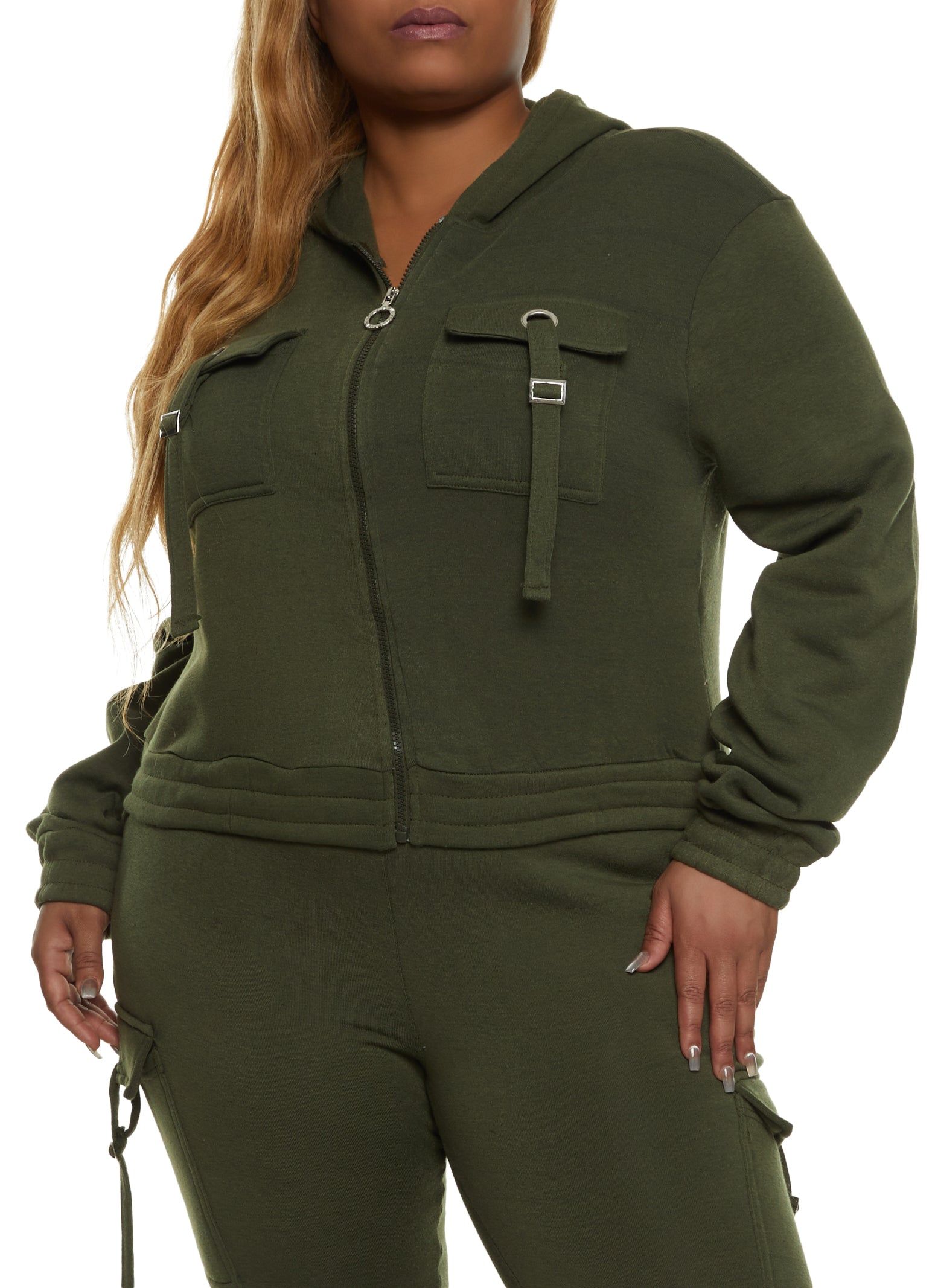Plus Size Pocket Detail Zip Front Hoodie sold by Rainbow