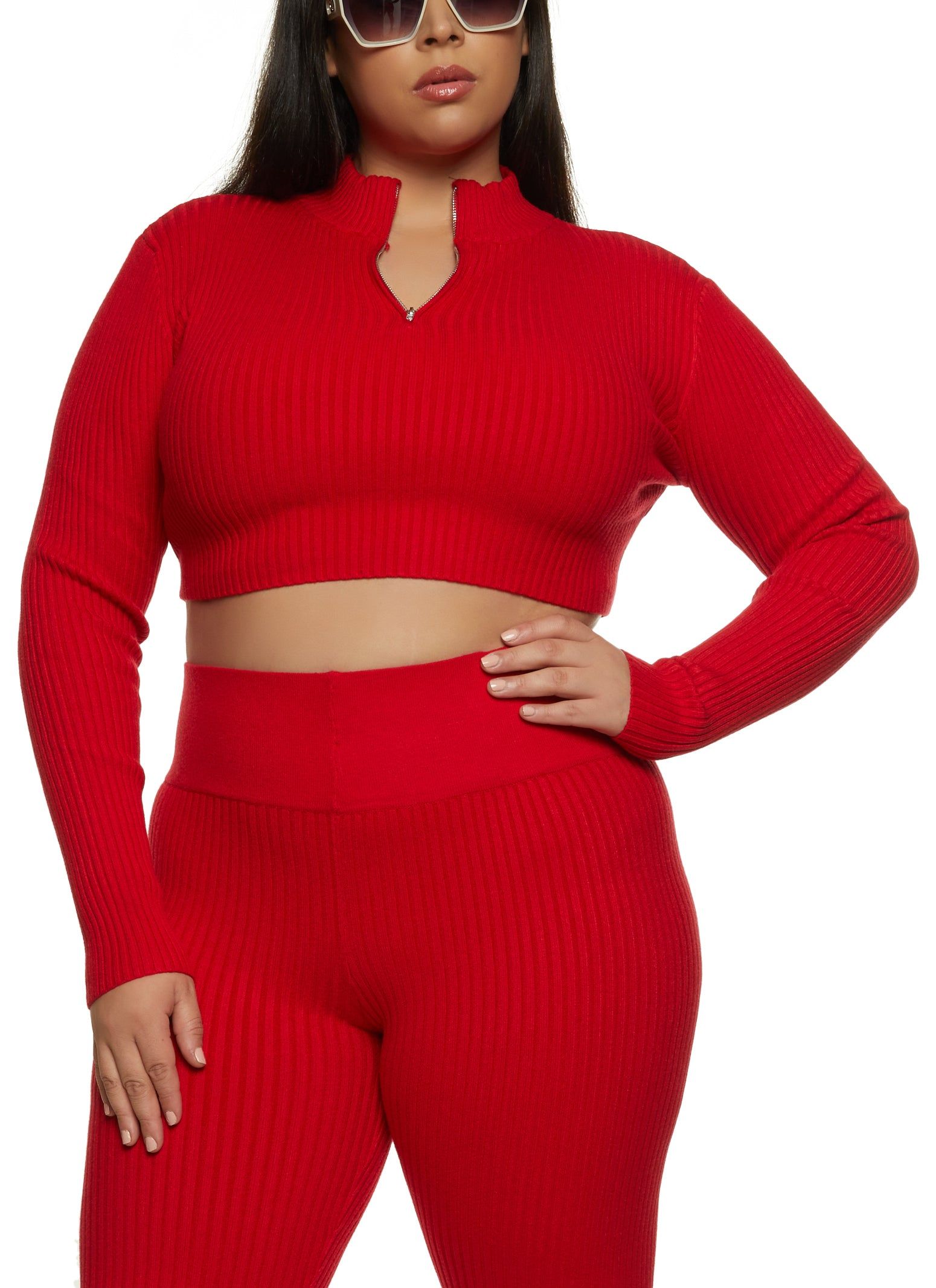 Plus Size Ribbed Zip Neck Crop Top sold by Rainbow