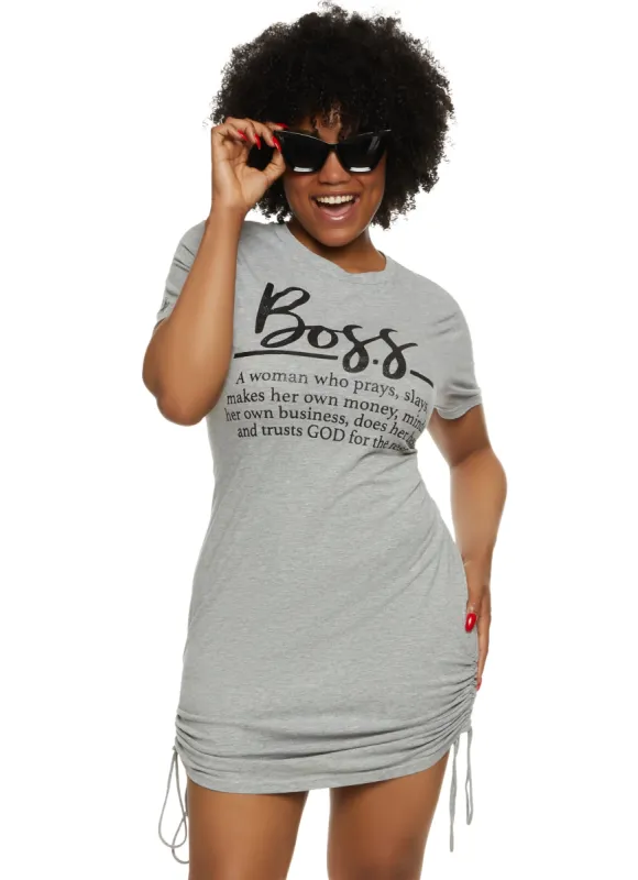 Plus Size Boss Ruched Graphic T Shirt Dress sold by Rainbow