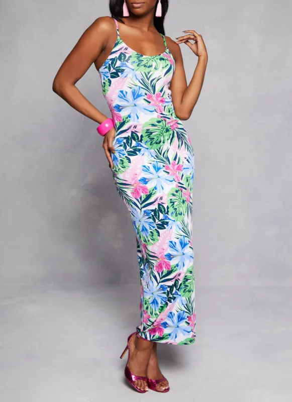 Tropical Floral Print Scoop Neck Maxi Dresses sold by Rainbow