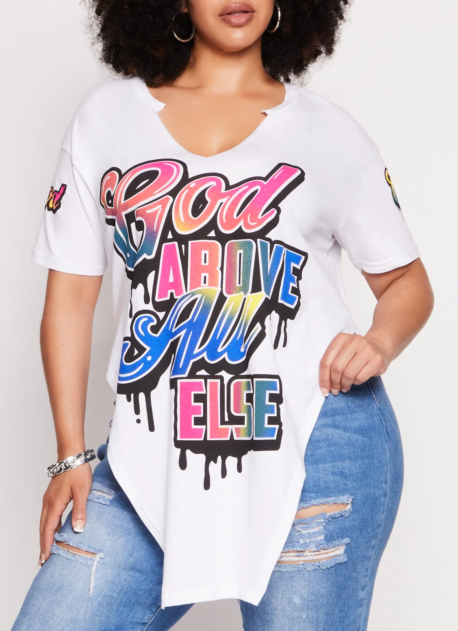 Plus Size God Above All Hanky Hem Graphic Tee sold by Rainbow